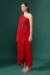 Buy_Aakaar_Red Modal Embroidery One Shoulder Nalki Flora Applique Draped Dress _Online_at_Aza_Fashions