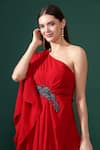 Shop_Aakaar_Red Modal Embroidery One Shoulder Nalki Flora Applique Draped Dress _Online_at_Aza_Fashions