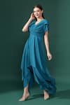 Buy_Aakaar_Blue Silk Crepe Plain V Neck Ruched Bodice Handkerchief Dress_at_Aza_Fashions