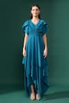 Aakaar_Blue Silk Crepe Plain V Neck Ruched Bodice Handkerchief Dress_Online_at_Aza_Fashions
