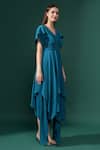 Buy_Aakaar_Blue Silk Crepe Plain V Neck Ruched Bodice Handkerchief Dress_Online_at_Aza_Fashions