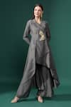 Buy_Aakaar_Grey Cotton Silk Embroidery Crystal Flora Beaded Blazer Kurta With Flared Pant _at_Aza_Fashions