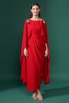 Buy_Aakaar_Red Moss Crepe Embroidery Metallic Nalki Flora Boat Neck Applique Draped Dress_at_Aza_Fashions