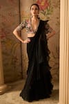 Buy_Ridhi Mehra_Black Saree Chiffon Glitz Ruffle Pre-draped With Embroidered Blouse _at_Aza_Fashions