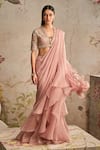 Buy_Ridhi Mehra_Pink Belle Ruffle Pre-draped Saree With Embroidered Blouse _at_Aza_Fashions