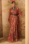Buy_Ridhi Mehra_Red Chiffon Regal Printed Pre-draped Saree With Jacket_at_Aza_Fashions