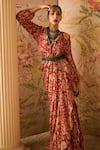 Ridhi Mehra_Red Chiffon Regal Printed Pre-draped Saree With Jacket_Online_at_Aza_Fashions