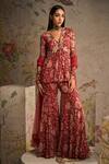 Buy_Ridhi Mehra_Red Chiffon Printed And Embroidered Awespiring Peplum Kurta Gharara Set _at_Aza_Fashions