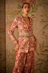 Buy_Ridhi Mehra_Red Raw Silk Icon Floral Print Jacket And Pant Set_Online_at_Aza_Fashions