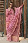 Buy_Abstract By Megha Jain Madaan_Pink Chiffon, Cotton, Flannel Sequins Round Pre-stitched Saree With Peplum Top _at_Aza_Fashions