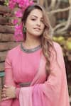 Shop_Abstract By Megha Jain Madaan_Pink Chiffon, Cotton, Flannel Sequins Round Pre-stitched Saree With Peplum Top _at_Aza_Fashions