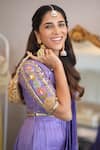 Shop_ABSTRACT BY MEGHA JAIN MADAAN_Purple Glaze Silk Embroidered Applique With Golden Floral Saree Gown _at_Aza_Fashions