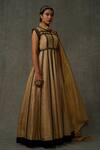 Abstract By Megha Jain Madaan_Beige Cotton, Kota Doria Sequins High Neck Geometric Embellished Draped Gown _Online_at_Aza_Fashions