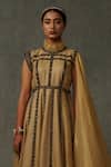 Shop_Abstract By Megha Jain Madaan_Beige Cotton, Kota Doria Sequins High Neck Geometric Embellished Draped Gown _Online_at_Aza_Fashions