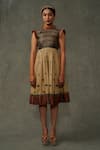 Shop_Abstract By Megha Jain Madaan_Beige Kota Doria, Cotton Sequins High Neck Floral Embroidered Dress _Online_at_Aza_Fashions
