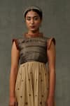 Abstract By Megha Jain Madaan_Beige Kota Doria, Cotton Sequins High Neck Floral Embroidered Dress _at_Aza_Fashions