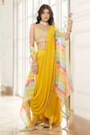 Buy_Basanti - Kapde Aur Koffee_Yellow Georgette Embroidery Gota Pre-draped Saree Set With Stripe Print Cape _at_Aza_Fashions