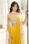 Basanti - Kapde Aur Koffee_Yellow Georgette Embroidery Gota Pre-draped Saree Set With Stripe Print Cape _Online_at_Aza_Fashions