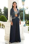 Basanti - Kapde Aur Koffee_Blue Velvet Embroidery Crystal Jacket Open Waistband Sharara Set With _Online_at_Aza_Fashions