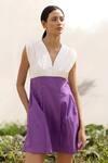 Kranberra_White Cotton Plain V Neck Maria Color Block Dress _Online_at_Aza_Fashions