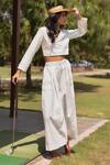 Buy_Kranberra_White Cotton Solid Lapel Reyna Pleated Placement Panel Top With Pant _at_Aza_Fashions