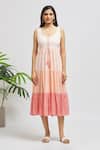 Naintara Bajaj_Pink 100% Cotton Solid Round Tonal Tiered Dress_Online_at_Aza_Fashions