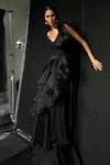 Buy_Ridhi Mehra_Black Saree Solid Chiffon/organza Chic Ruffle Gown With Belt _at_Aza_Fashions