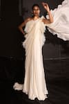 Buy_Ridhi Mehra_Ivory Chiffon Embellished Feathers Off Shoulder Draped Saree Gown _at_Aza_Fashions