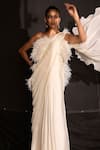 Shop_Ridhi Mehra_Ivory Chiffon Embellished Feathers Off Shoulder Draped Saree Gown _at_Aza_Fashions