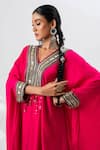 Shop_PRAHNAAYA_Pink Satin Embroidered Ajrakh V Neck Work Kaftan And Wrap Skirt Set  _Online_at_Aza_Fashions