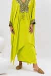 PRAHNAAYA_Green Satin Embroidered Ajrakh V Work Neon Kaftan And Wrap Skirt Set _at_Aza_Fashions