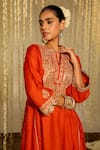 Shop_Sheetal Batra_Orange Silk Dupion Mehreen Placed Floral Paisley Anarkali With Dogri Salwar _Online_at_Aza_Fashions