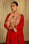 Buy_Sheetal Batra_Red Silk Dupion Embroidered Mehreen Floral Placement Anarkali With Dogri Salwar _Online_at_Aza_Fashions