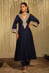 Buy_Sheetal Batra_Blue Silk Dupion Embroidered Thread Mysha Long Kaftan With Doghri Salwar _at_Aza_Fashions