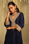 Shop_Sheetal Batra_Blue Silk Dupion Embroidered Thread Mysha Long Kaftan With Doghri Salwar _Online_at_Aza_Fashions