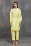 Samyukta Singhania_Yellow Chanderi Embroidery Aari Boat Neck Kurta And Pant Set _at_Aza_Fashions