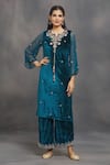 Buy_Samyukta Singhania_Blue Velvet Embroidered Aari And Zardozi Hand Work Floral Kurta & Pant Set _at_Aza_Fashions