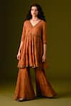 Shop_Aurul_Brown Cotton Zari Silk Embroidery And Chevron Kurta Sharara Set _Online_at_Aza_Fashions