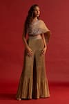 Buy_Reeti Arneja_Gold Pleated Silk Taffeta Embroidery Zardozi Asymmetric Tawny Jumpsuit _at_Aza_Fashions