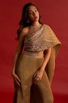 Reeti Arneja_Gold Pleated Silk Taffeta Embroidery Zardozi Asymmetric Tawny Jumpsuit _Online_at_Aza_Fashions