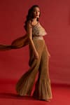 Reeti Arneja_Gold Pleated Silk Taffeta Embroidery Zardozi Asymmetric Tawny Jumpsuit _at_Aza_Fashions