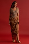 Buy_Reeti Arneja_Gold Organza Embroidery Zardozi V Neck Draped Saree Gown_at_Aza_Fashions