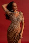 Reeti Arneja_Gold Organza Embroidery Zardozi V Neck Draped Saree Gown_Online_at_Aza_Fashions