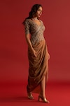 Buy_Reeti Arneja_Gold Organza Embroidery Zardozi V Neck Draped Saree Gown_Online_at_Aza_Fashions