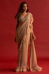 Buy_Reeti Arneja_Gold Georgette Embroidery Plunge V Ruffle Pre-stitched Draped Saree With Blouse _at_Aza_Fashions