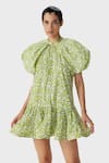 Buy_The Iaso_Green Cotton Mandarin Collar Leaf Print Short Dress _at_Aza_Fashions