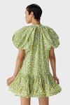 Shop_The Iaso_Green Cotton Mandarin Collar Leaf Print Short Dress _at_Aza_Fashions