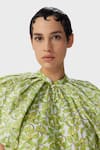 The Iaso_Green Cotton Mandarin Collar Leaf Print Short Dress _Online_at_Aza_Fashions