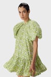 Buy_The Iaso_Green Cotton Mandarin Collar Leaf Print Short Dress _Online_at_Aza_Fashions