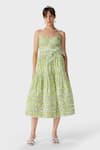 Buy_THE IASO_Green Cotton Poplin Woven Leaf Tube Neck Print Corset Midi Dress _Online_at_Aza_Fashions